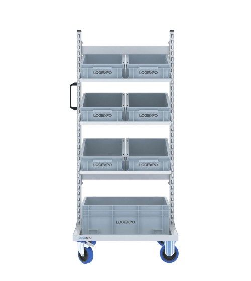 CARRELLO PER PICKING MAGAZZINO con 7 cassette rettangolari in plastica