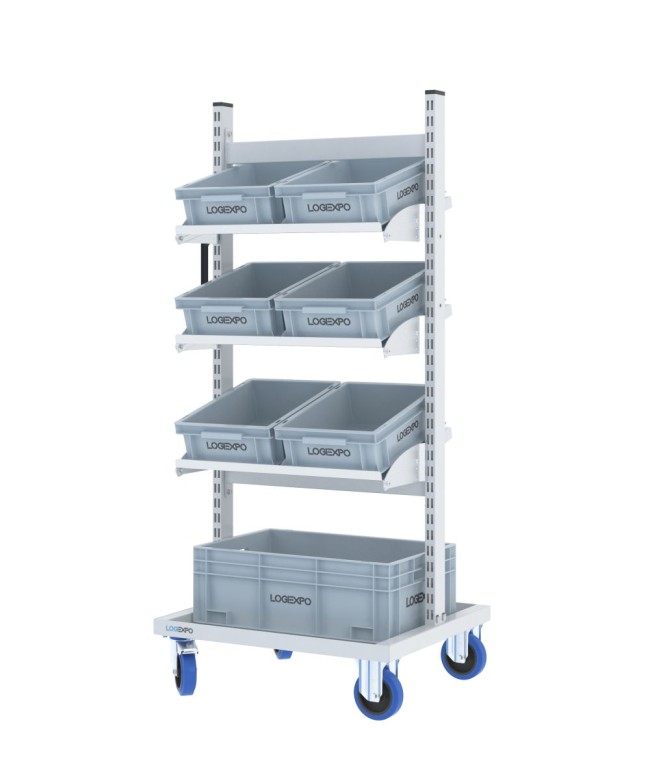 CARRELLO PER PICKING MAGAZZINO con 7 cassette rettangolari in plastica