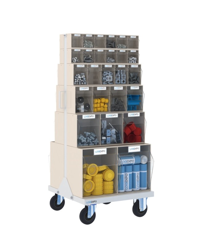 CARRELLO PORTA MINUTERIA con 52 cassetti basculanti trasparenti