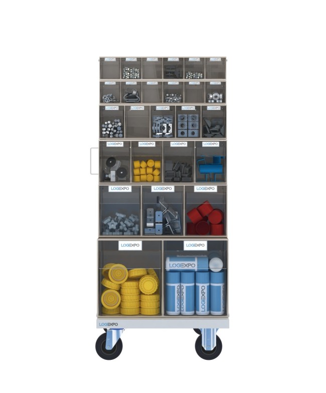 CARRELLO PORTA MINUTERIA con 52 cassetti basculanti trasparenti