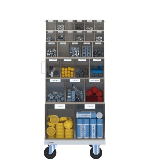 CARRELLO PORTA MINUTERIA con 52 cassetti basculanti trasparenti