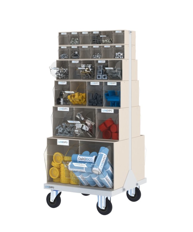 CARRELLO PORTA MINUTERIA con 52 cassetti basculanti trasparenti