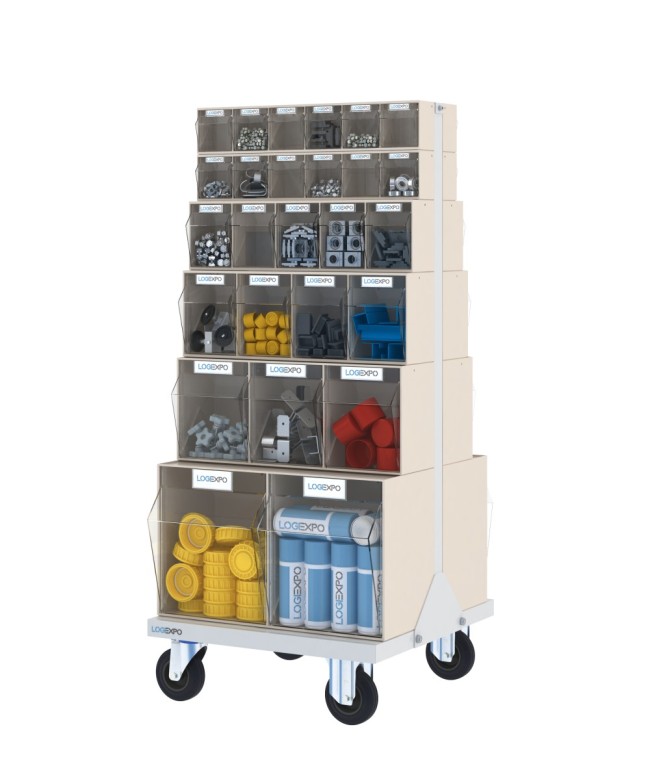 CARRELLO PORTA MINUTERIA con 52 cassetti basculanti trasparenti