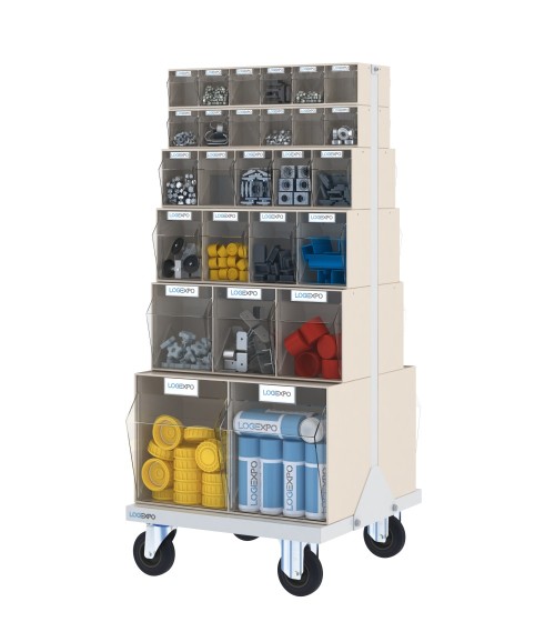 CARRELLO PORTA MINUTERIA con 52 cassetti basculanti trasparenti