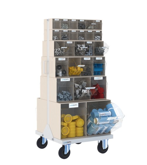 CARRELLO PORTA MINUTERIA con 52 cassetti basculanti trasparenti