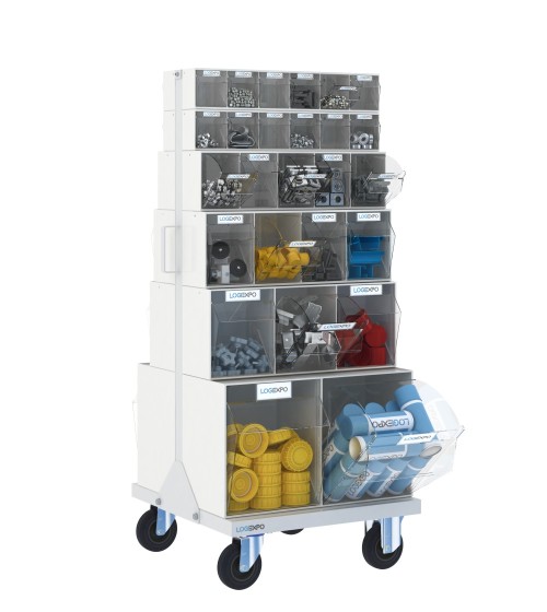 CARRELLO PORTA MINUTERIA con 52 cassetti basculanti trasparenti