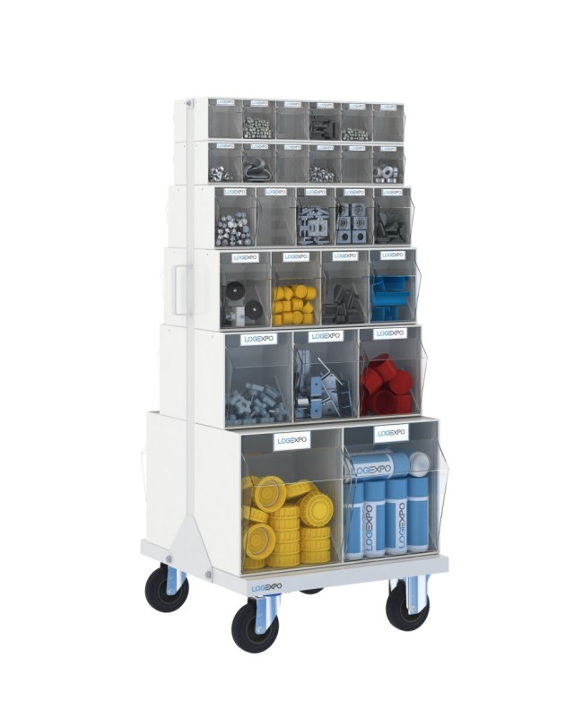 CARRELLO PORTA MINUTERIA con 52 cassetti basculanti trasparenti