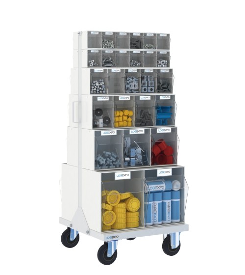 CARRELLO PORTA MINUTERIA con 52 cassetti basculanti trasparenti