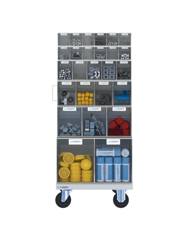 CARRELLO PORTA MINUTERIA con 52 cassetti basculanti trasparenti