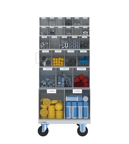 CARRELLO PORTA MINUTERIA con 52 cassetti basculanti trasparenti