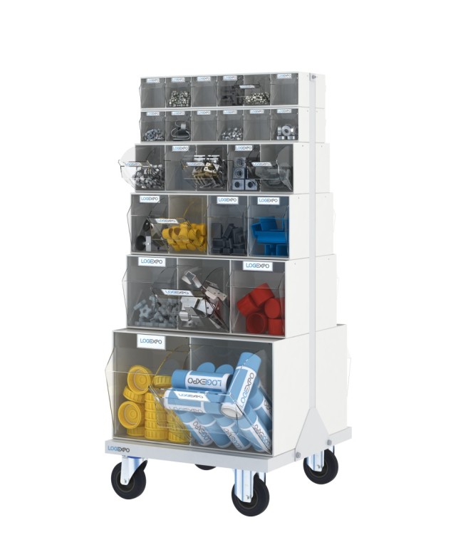 CARRELLO PORTA MINUTERIA con 52 cassetti basculanti trasparenti