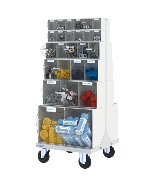 CARRELLO PORTA MINUTERIA con 52 cassetti basculanti trasparenti