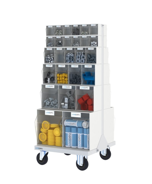 CARRELLO PORTA MINUTERIA con 52 cassetti basculanti trasparenti