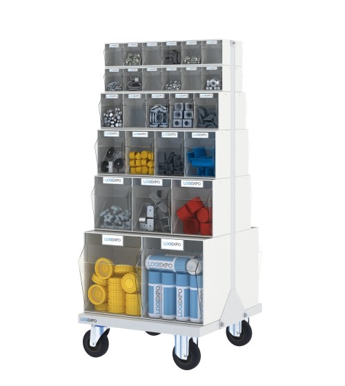 CARRELLO PORTA MINUTERIA con 52 cassetti basculanti trasparenti