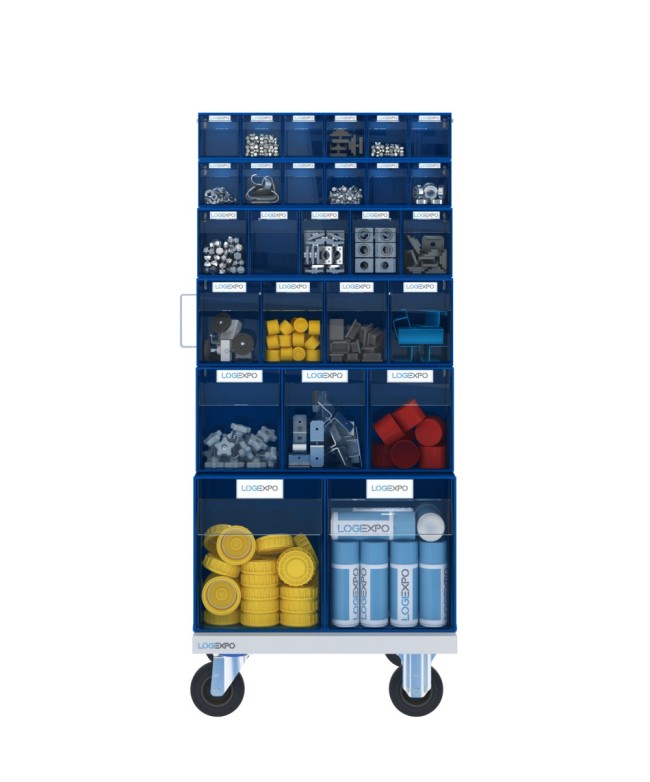 CARRELLO PORTA MINUTERIA con 52 cassetti basculanti trasparenti