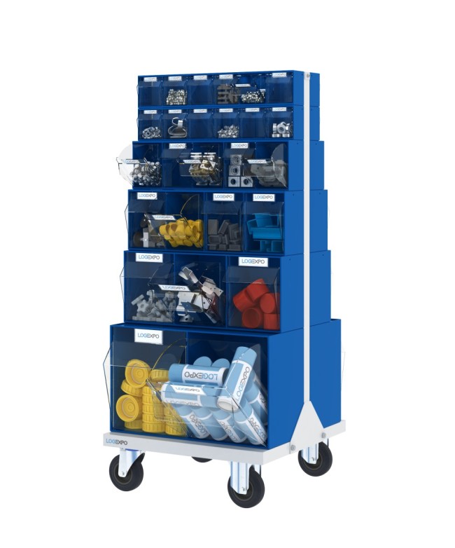 CARRELLO PORTA MINUTERIA con 52 cassetti basculanti trasparenti