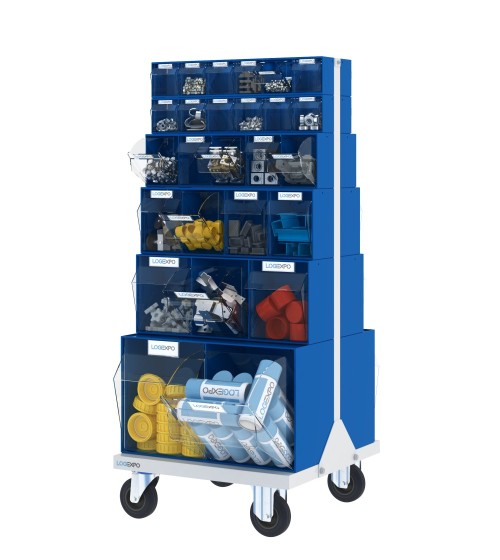 CARRELLO PORTA MINUTERIA con 52 cassetti basculanti trasparenti