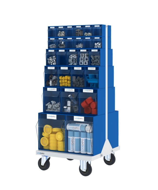 CARRELLO PORTA MINUTERIA con 52 cassetti basculanti trasparenti