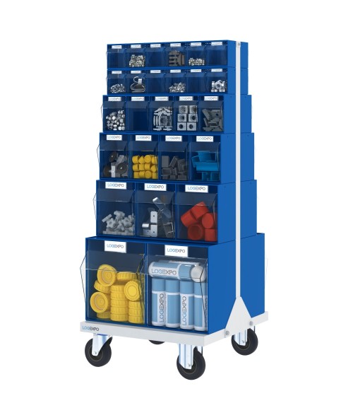 CARRELLO PORTA MINUTERIA con 52 cassetti basculanti trasparenti