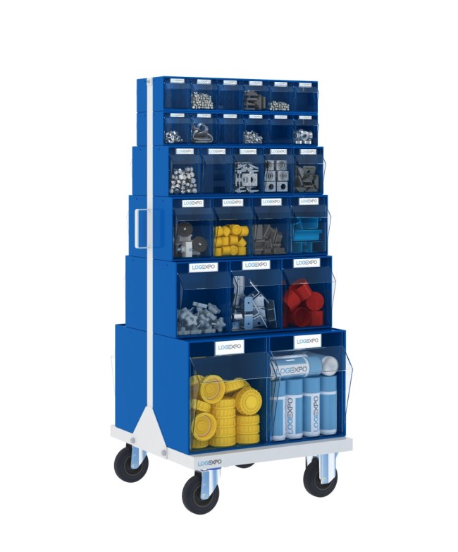 CARRELLO PORTA MINUTERIA con 52 cassetti basculanti trasparenti