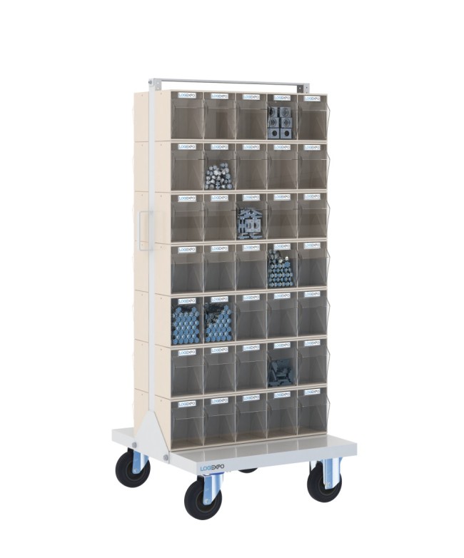 CARRELLO PORTAMINUTERIA con 70 cassetti basculanti trasparenti