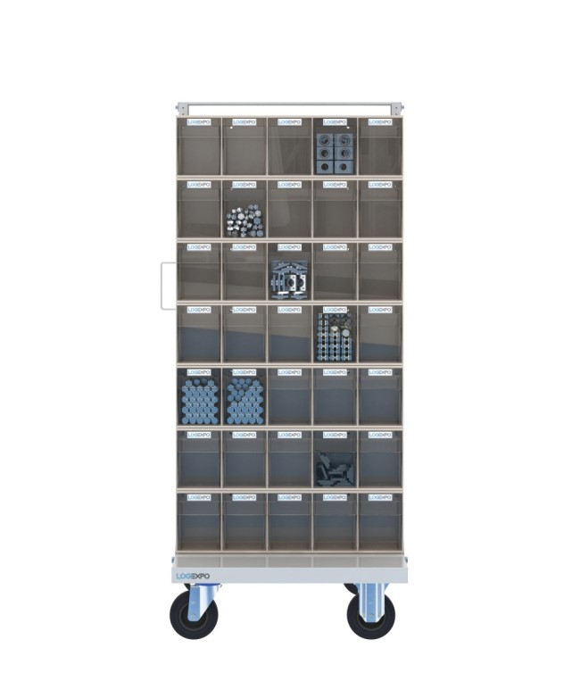 CARRELLO PORTAMINUTERIA con 70 cassetti basculanti trasparenti
