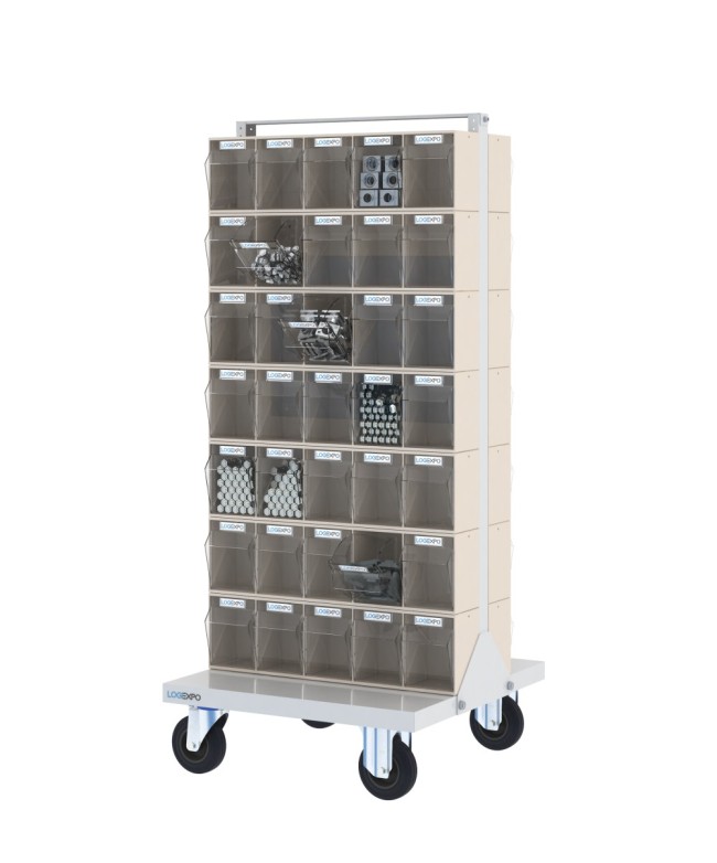 CARRELLO PORTAMINUTERIA con 70 cassetti basculanti trasparenti