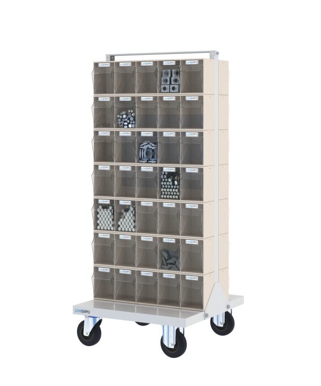 CARRELLO PORTAMINUTERIA con 70 cassetti basculanti trasparenti