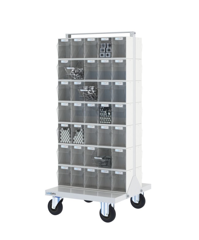 CARRELLO PORTAMINUTERIA con 70 cassetti basculanti trasparenti