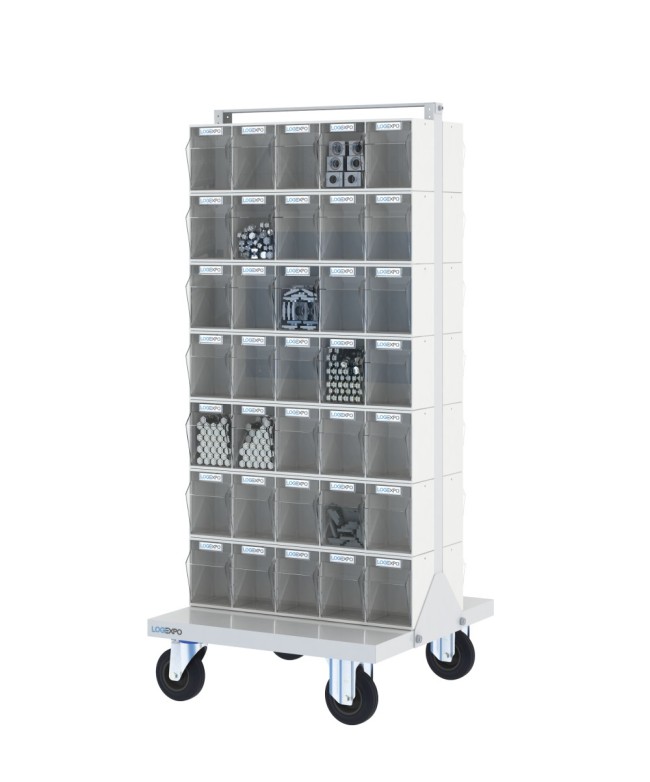 CARRELLO PORTAMINUTERIA con 70 cassetti basculanti trasparenti