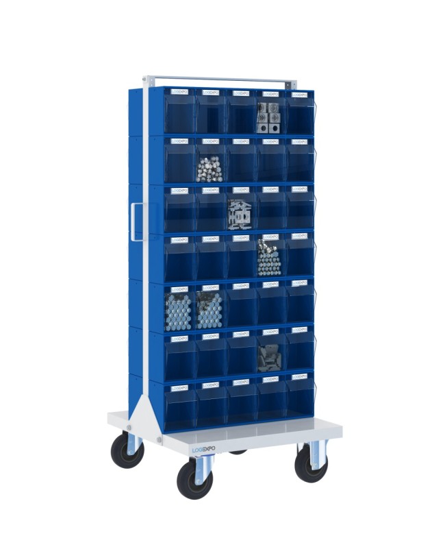 CARRELLO PORTAMINUTERIA con 70 cassetti basculanti trasparenti