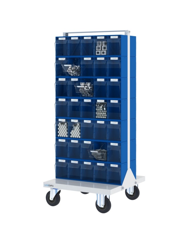 CARRELLO PORTAMINUTERIA con 70 cassetti basculanti trasparenti