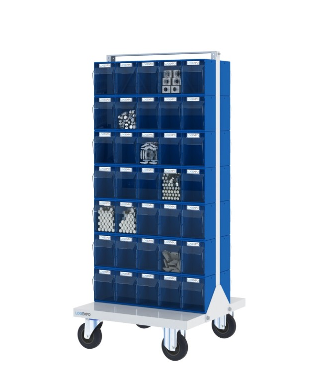 CARRELLO PORTAMINUTERIA con 70 cassetti basculanti trasparenti