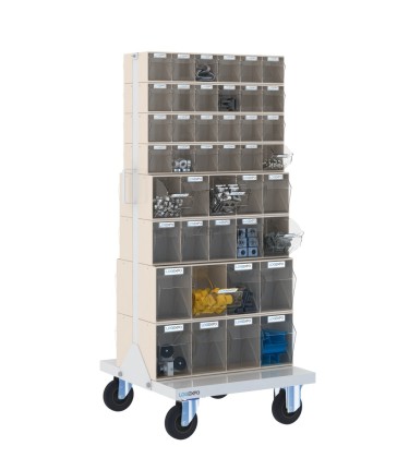 CARRELLO PORTAMINUTERIE con 84 contenitori basculanti trasparenti