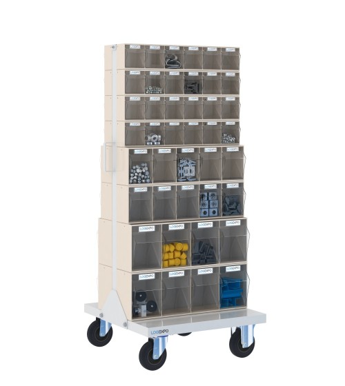 CARRELLO PORTAMINUTERIE con 84 contenitori basculanti trasparenti