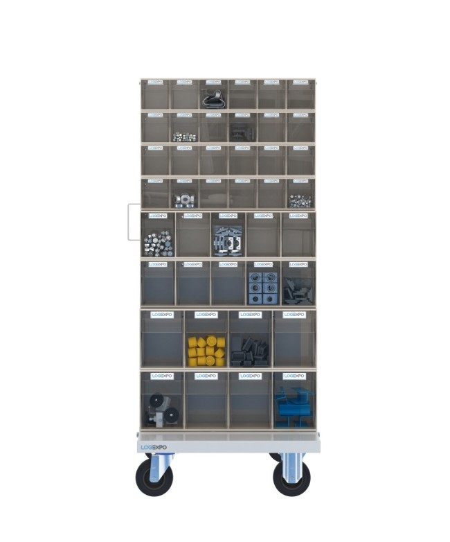 CARRELLO PORTAMINUTERIE con 84 contenitori basculanti trasparenti