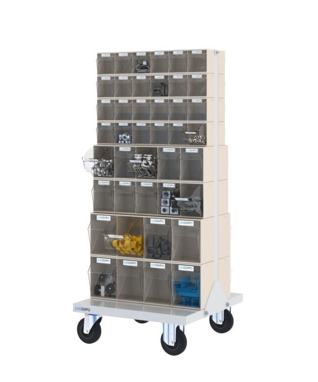 CARRELLO PORTAMINUTERIE con 84 contenitori basculanti trasparenti