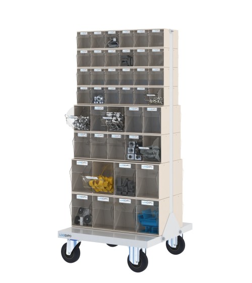 CARRELLO PORTAMINUTERIE con 84 contenitori basculanti trasparenti