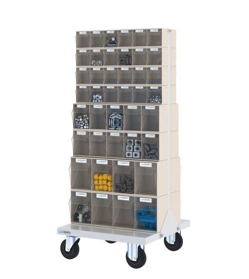 CARRELLO PORTAMINUTERIE con 84 contenitori basculanti trasparenti