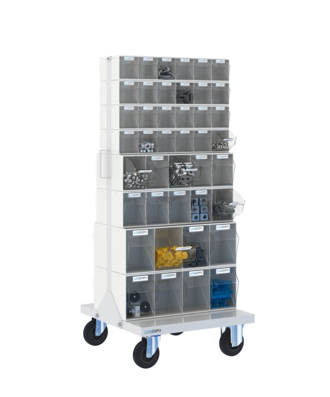 CARRELLO PORTAMINUTERIE con 84 contenitori basculanti trasparenti