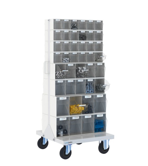 CARRELLO PORTAMINUTERIE con 84 contenitori basculanti trasparenti