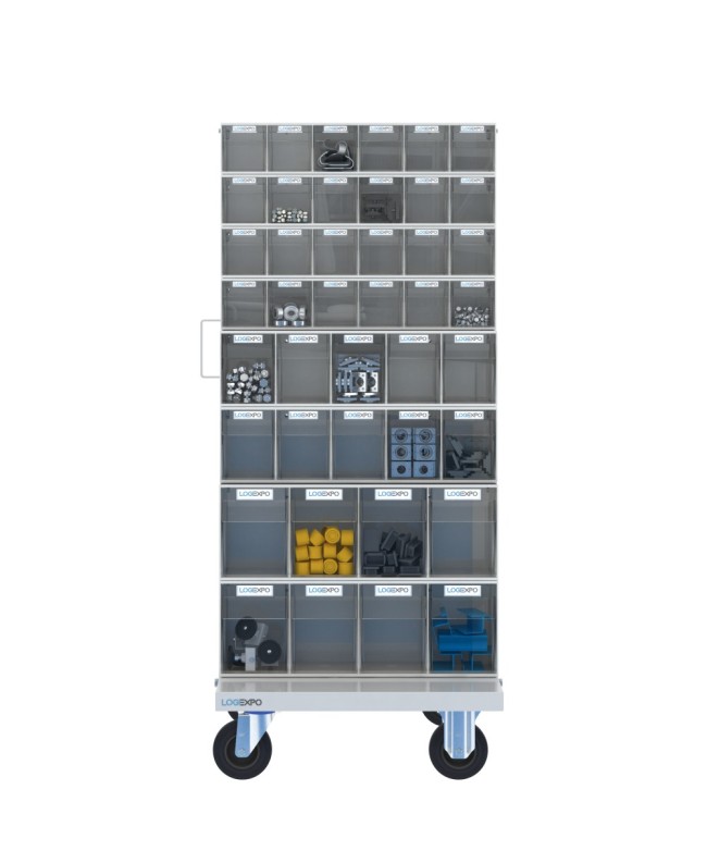 CARRELLO PORTAMINUTERIE con 84 contenitori basculanti trasparenti