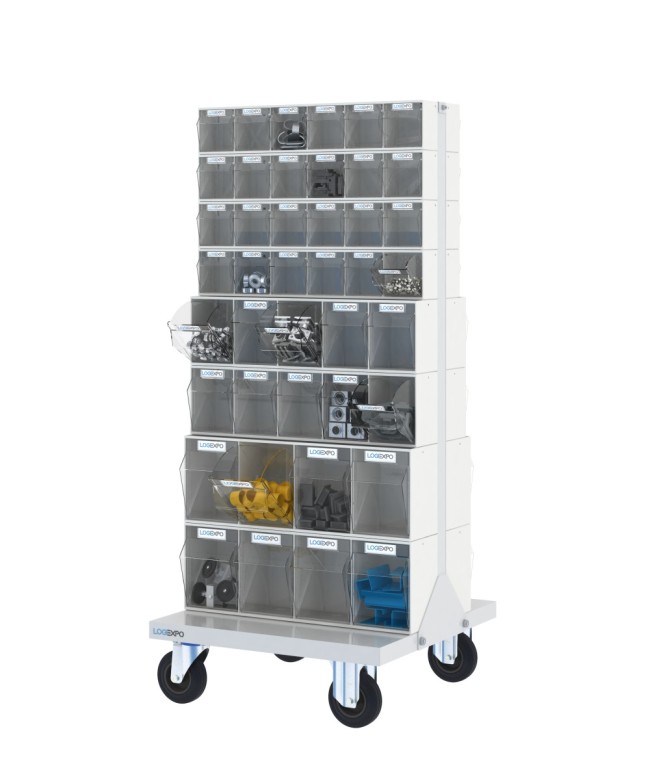 CARRELLO PORTAMINUTERIE con 84 contenitori basculanti trasparenti