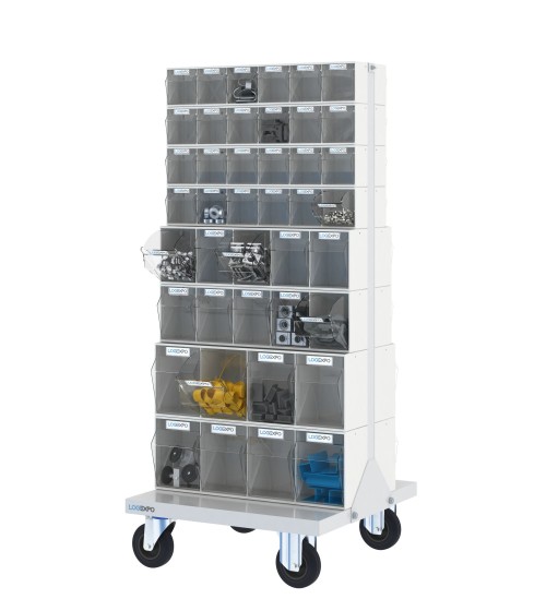 CARRELLO PORTAMINUTERIE con 84 contenitori basculanti trasparenti