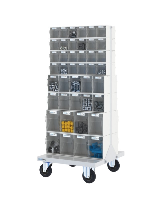 CARRELLO PORTAMINUTERIE con 84 contenitori basculanti trasparenti