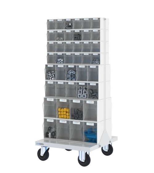 CARRELLO PORTAMINUTERIE con 84 contenitori basculanti trasparenti