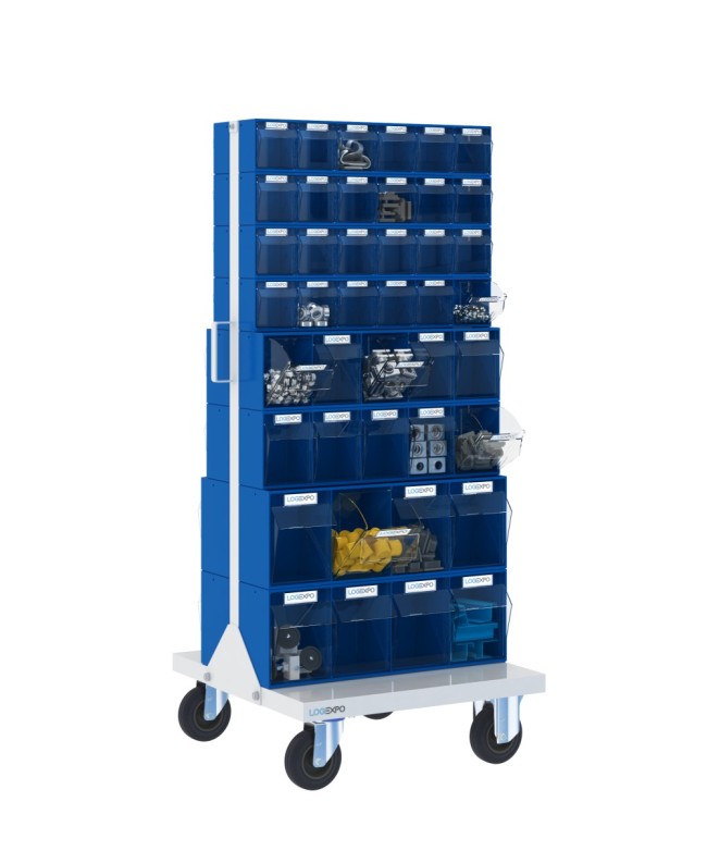 CARRELLO PORTAMINUTERIE con 84 contenitori basculanti trasparenti