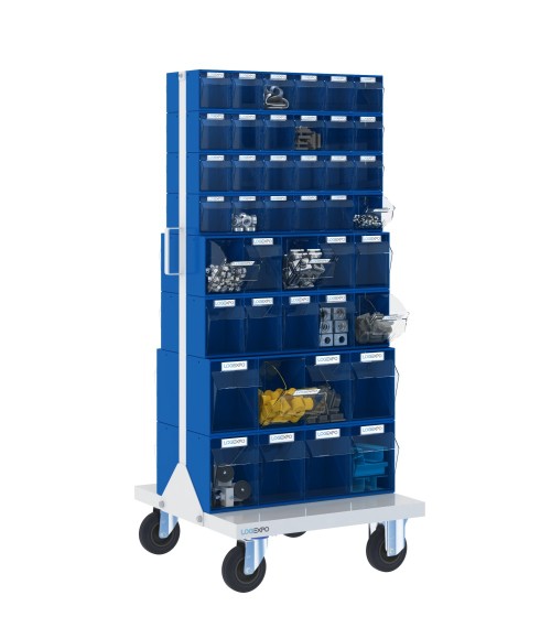 CARRELLO PORTAMINUTERIE con 84 contenitori basculanti trasparenti