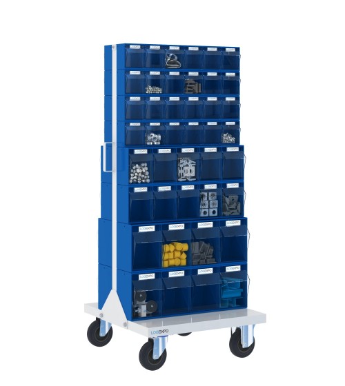 CARRELLO PORTAMINUTERIE con 84 contenitori basculanti trasparenti