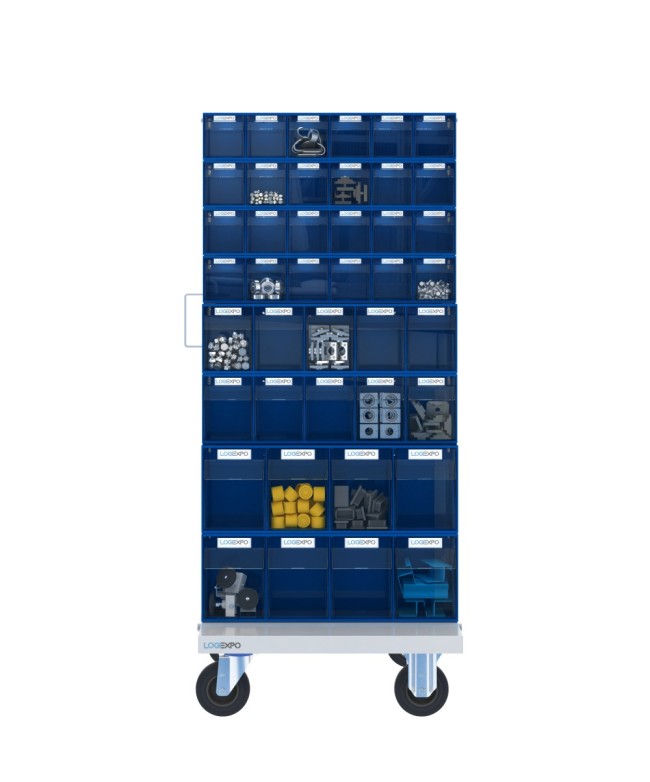 CARRELLO PORTAMINUTERIE con 84 contenitori basculanti trasparenti